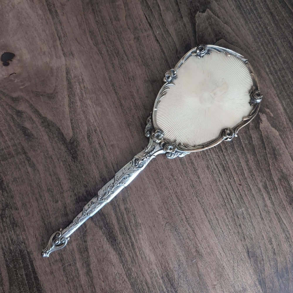 Large Vintage Art Nouveau Hand Mirror Ornate Rose Floral Silver Gold Tone Vanity